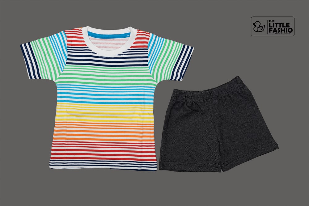 Round Neck Multi color Lines T-shirt and Black Shorts
